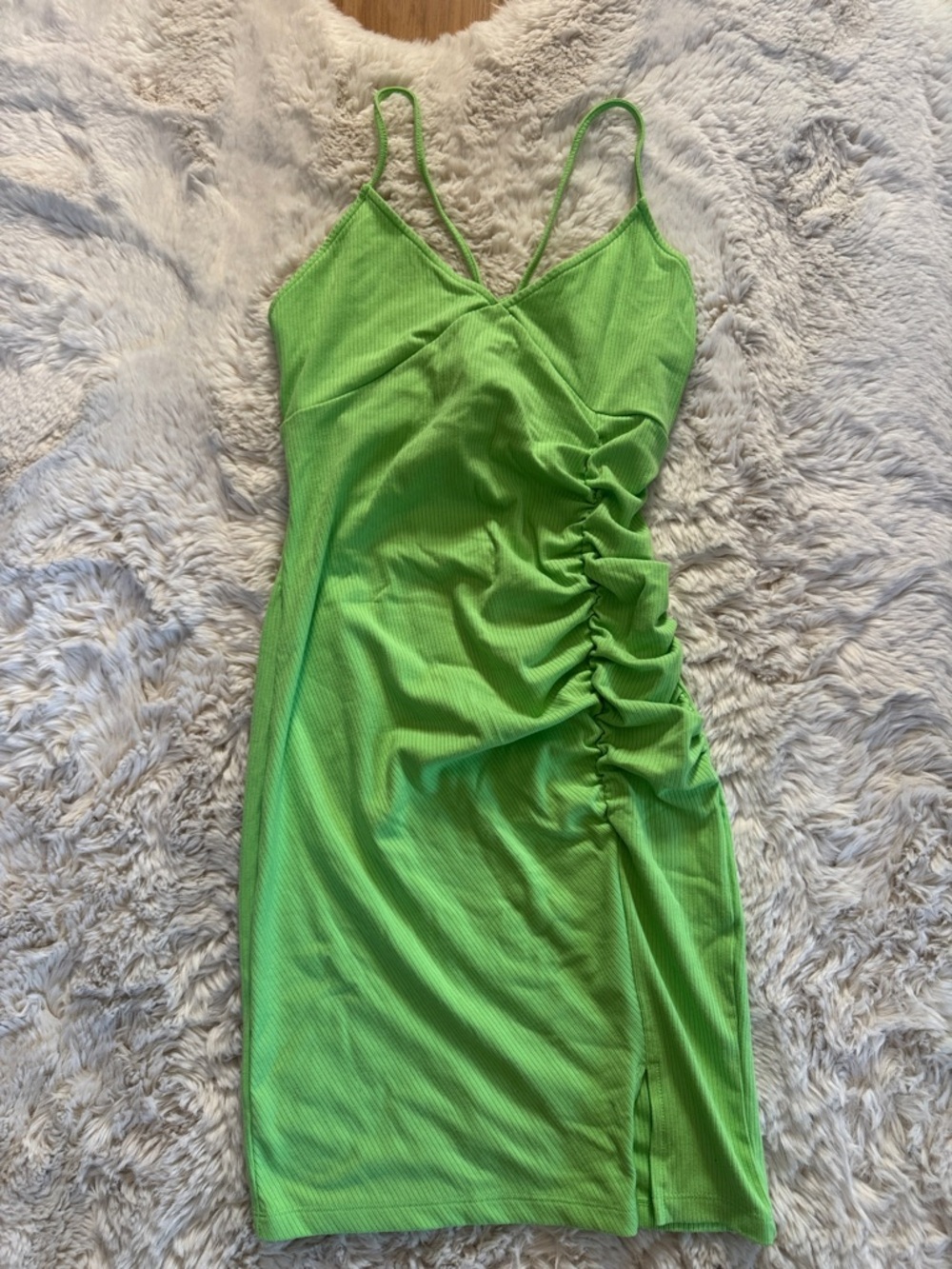 Lime Green Ruched Ribbed Cut Out Dress with Spaghetti Straps